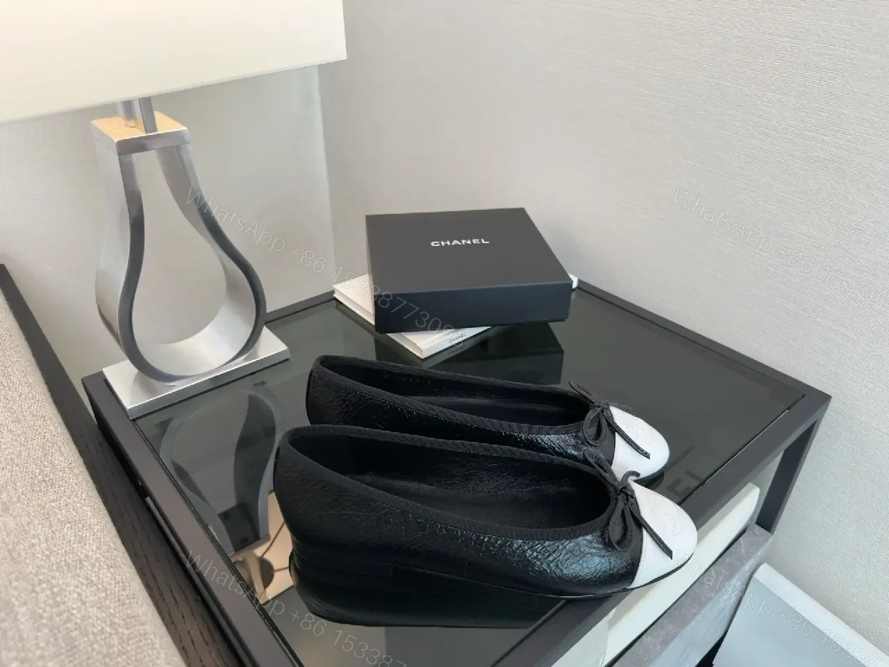 View 5 of Black Leather Ballet Flats White Toe Cap Classic Iconic Logo Chanel Ballet Shoes
