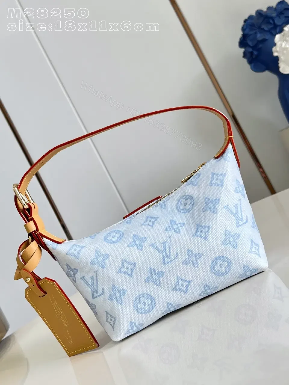 View 4 of Light Denim LV-Patterned Structured Top-Handle Bag