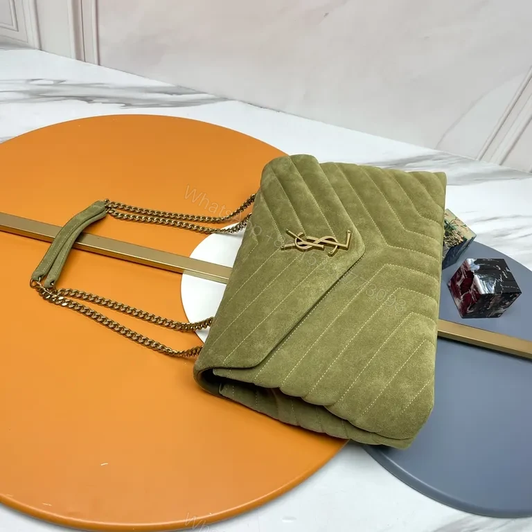 View 8 of Olive Suede YSL-Inspired Chain Shoulder Bag: Texture & Luxury