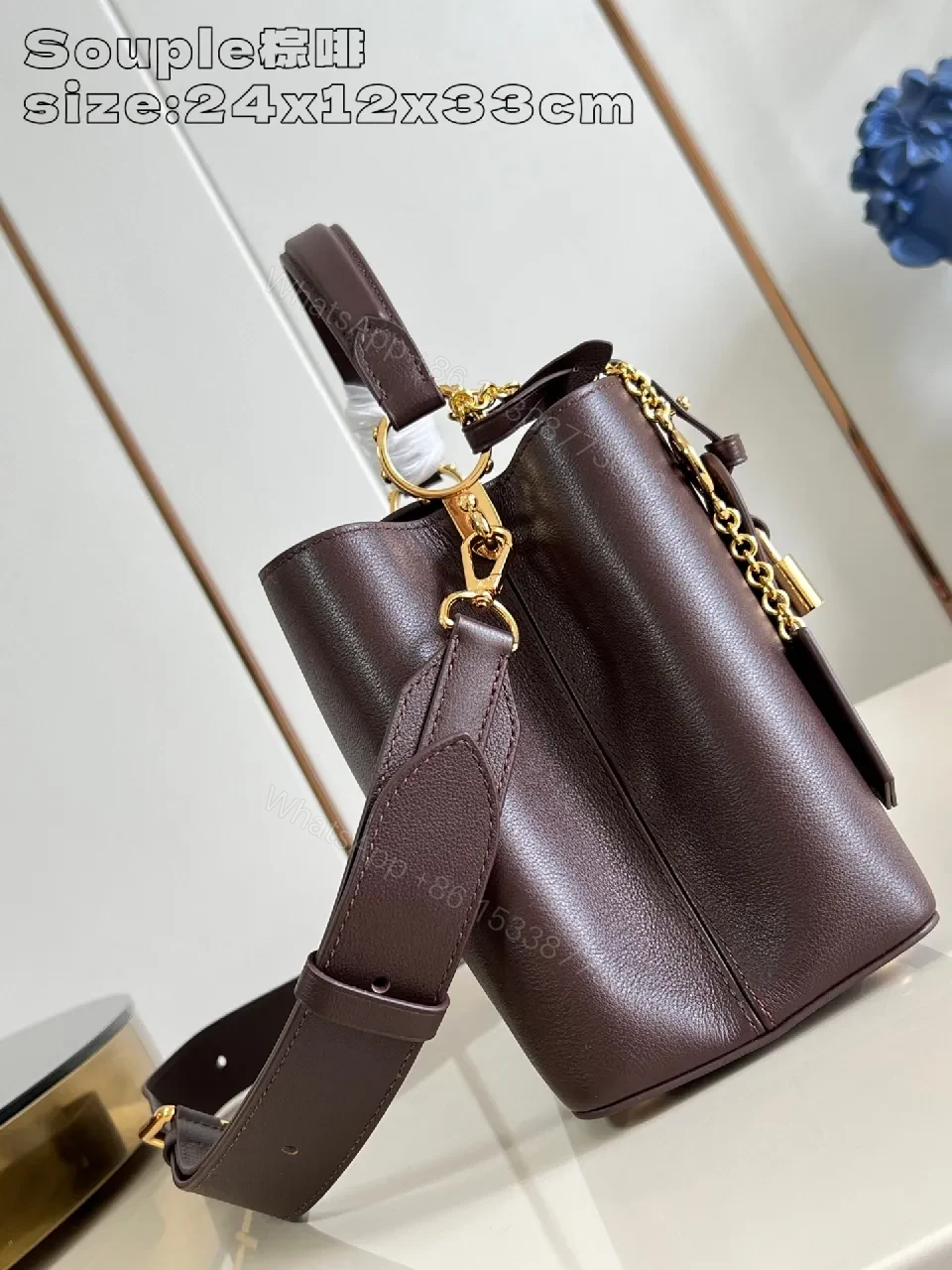 View 6 of Brown Leather Structured Handbag | Gold Hardware, Top-Handle, Crossbody Light