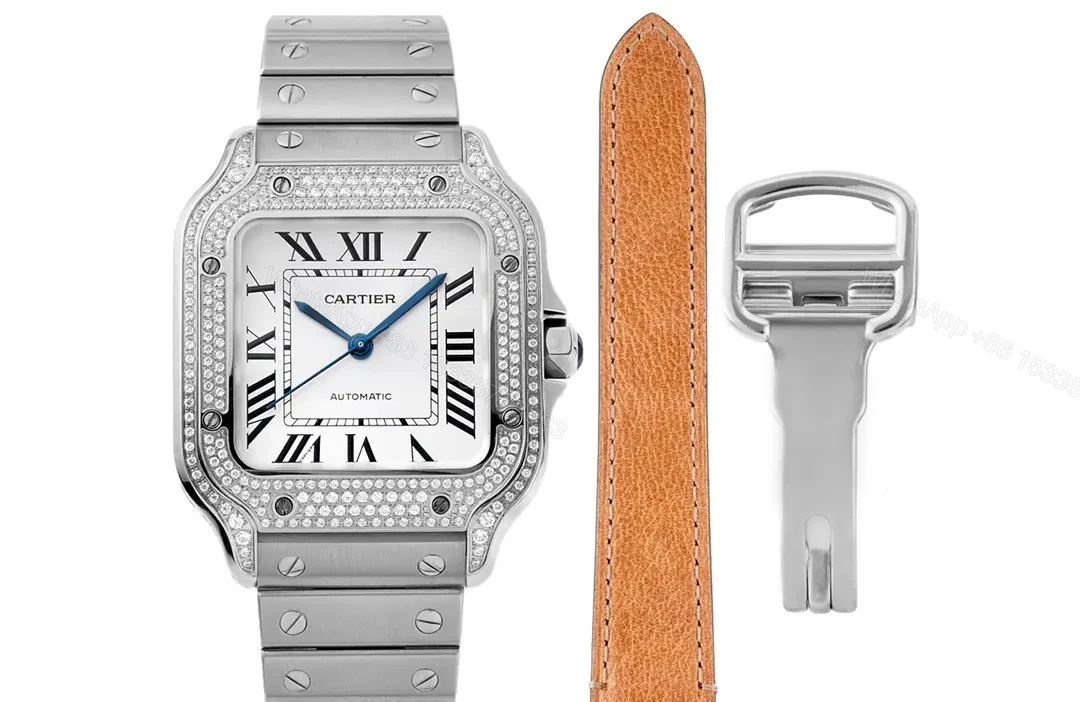 JF Factory Santos de Cartier Women’s Watch – Stainless Steel Case, White Roman Dial, Blue Steel Sword Hands, Sapphire Crystal, Interchangeable Stainless Steel and Leather Straps, QuickSwitch System, Double Folding Clasp, 35.1mm x 8.83mm, 100m Water Resistant — view 1