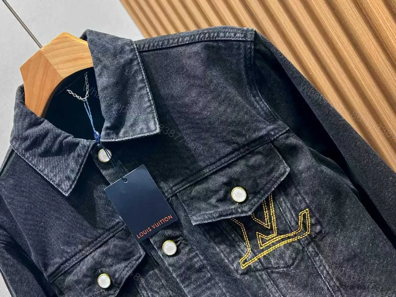 View 3 of Oversized Black Denim Jacket with Gold Monogram Embroidery