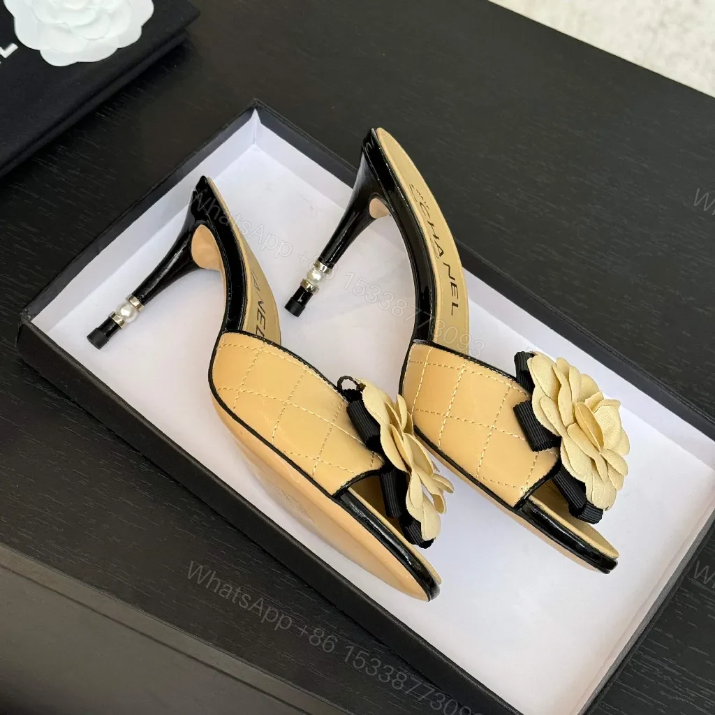 View 5 of Beige Quilted Leather Mules: Camellia, Sculpted Heel, Open-Toe