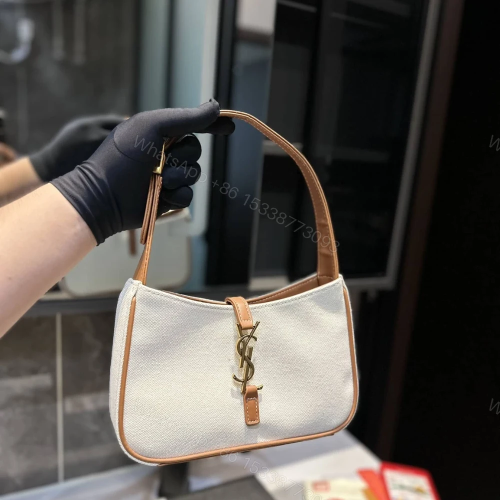 View 2 of Saint Laurent Le 5 À 7 Linen Canvas Hobo Bag White And Brown 25Cm 657228FAAVH
