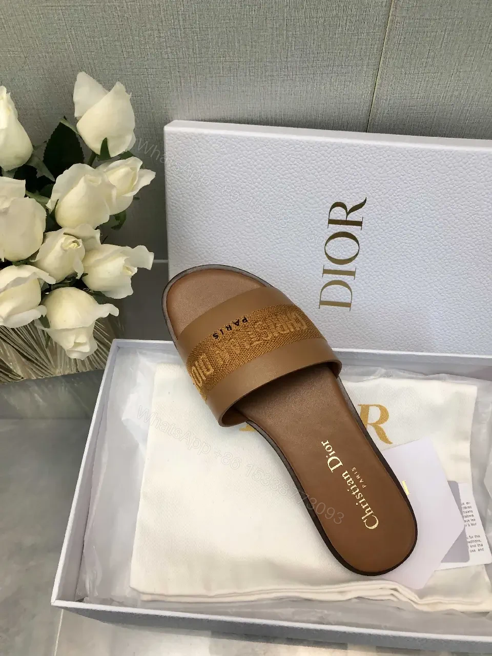 View 4 of Brown Leather Christian Dior Slides, Bold Logo Strap, Paris, Slide Sandals