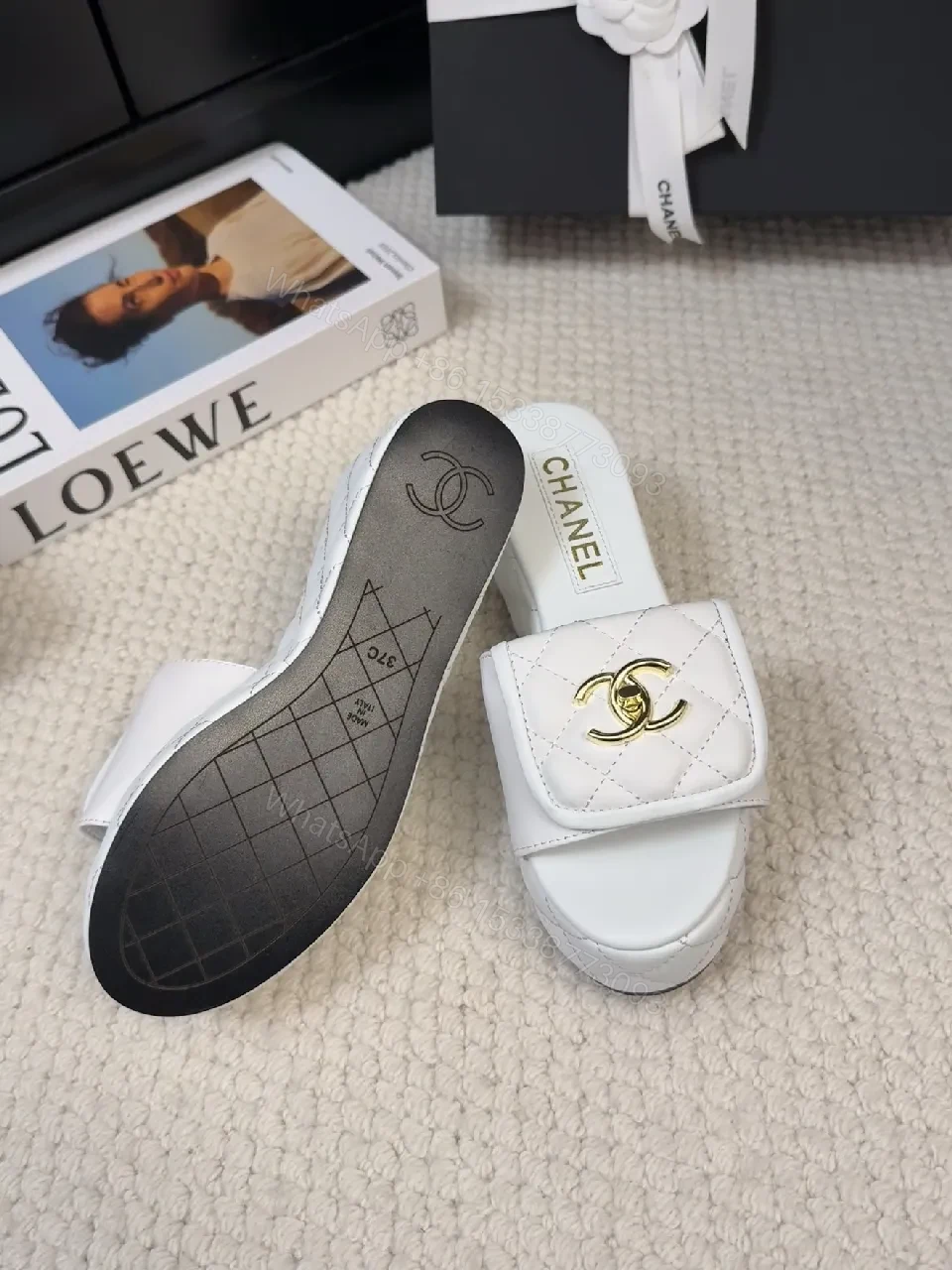View 5 of White Quilted Slide Sandals with Gold Logo, Luxury Comfort