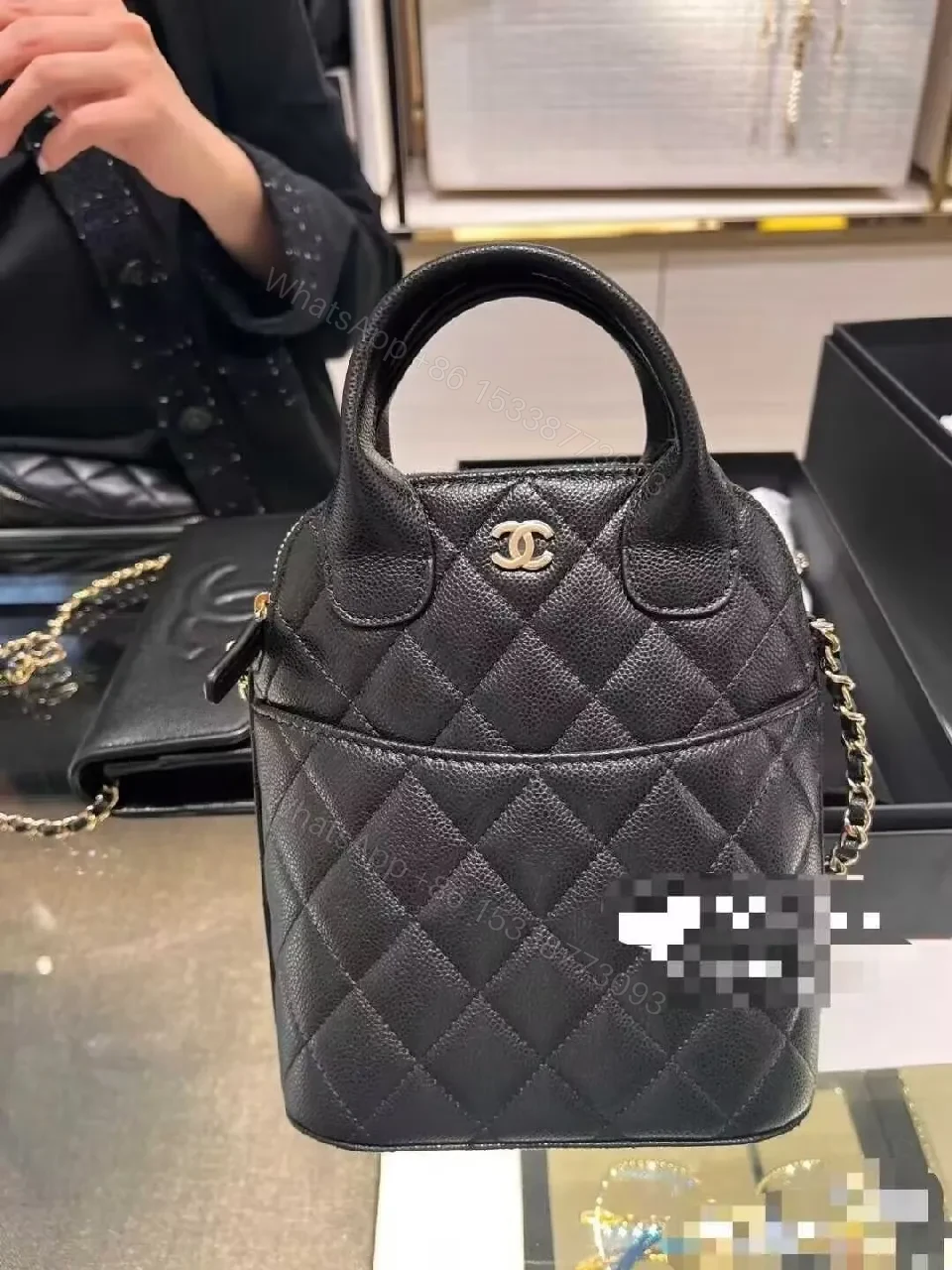 View 4 of Black Quilted Mini Tote with Chain-Detail Handle - Luxe Everyday Bag