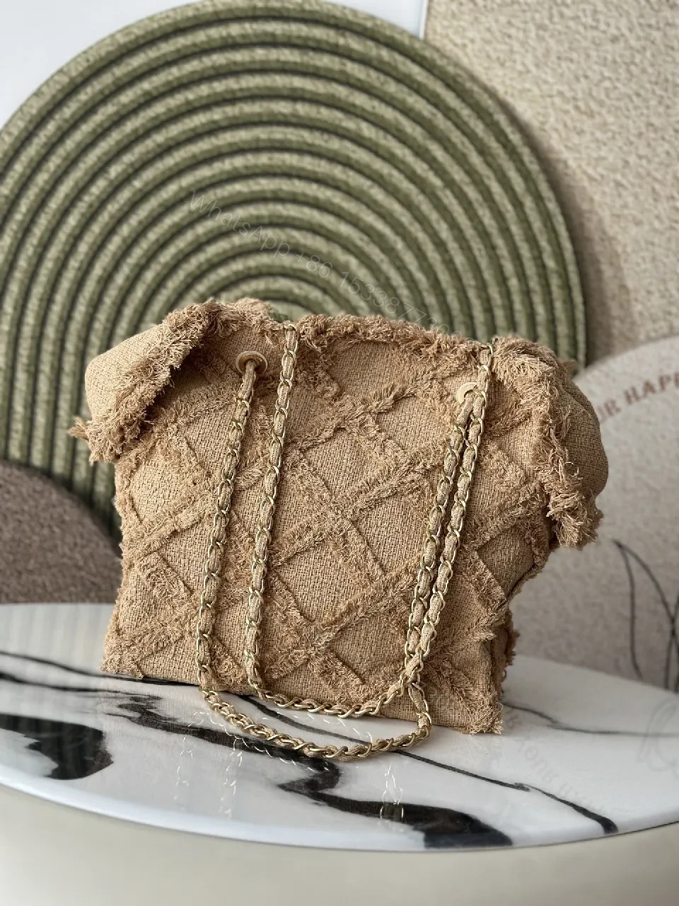 View 4 of Textured Beige Quilted Linen Mini Bag: Distressed Edge Luxury