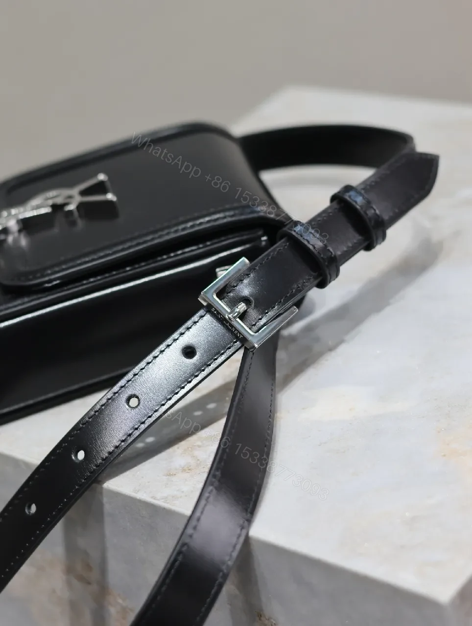 View 4 of Mini Crossbody: Black Leather, Luxe Chic, Logo Clasp, Crossbody Bag