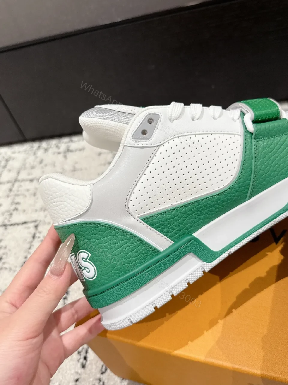 View 6 of White-Green Luxury Trainers: Textured Leather, Midfoot Strap Sneaker