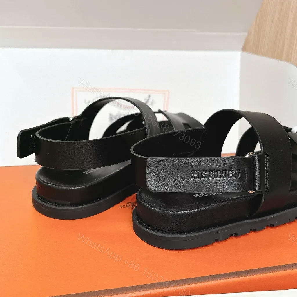 View 2 of Minimalist Black Leather Sandals with Geometric Straps - Luxury Style