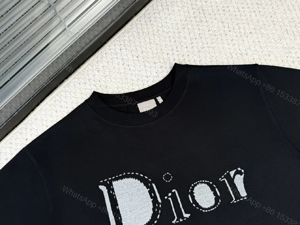 View 9 of Black Cotton Dior-Inspired Logo Tee, Minimalist Luxe, Crewneck Top