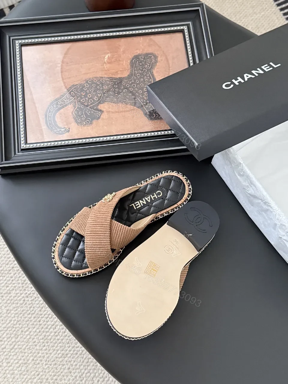 View 7 of Leather-Wrapped Espadrille Slides with Knit Strap, Quilted Footbed