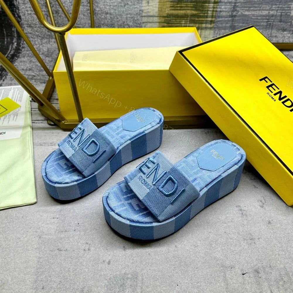 View 6 of FENDI SUNSHINE FLATFORM SLIDES LIGHT BLUE DENIM 8R8515ASB5F1STD