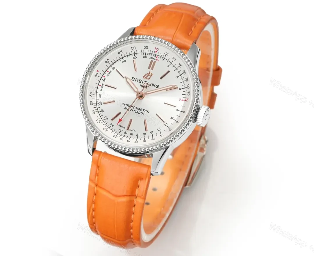 View 2 of V9 Factory Breitling Women’s Navitimer Automatic Watch – Silver Dial, Orange Leather Strap, 35mm Stainless Steel Case