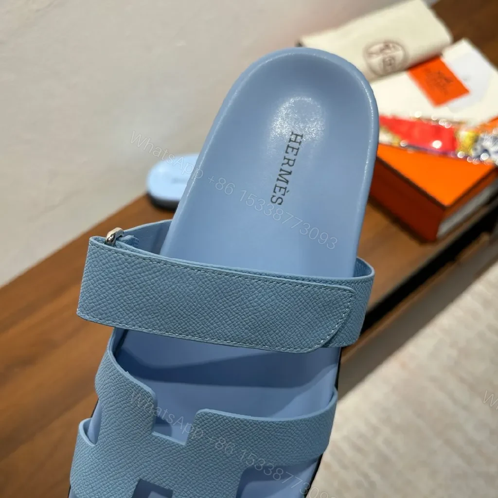View 2 of Light-Tide Blue Leather Slide Sandals, Modern Cutout Comfort