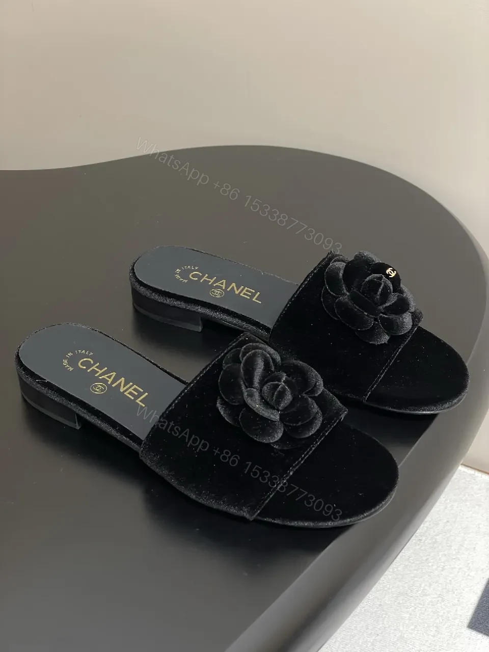 Velvet Rose Slide Sandals: Luxury Comfort, Black, Open-Toe — view 1