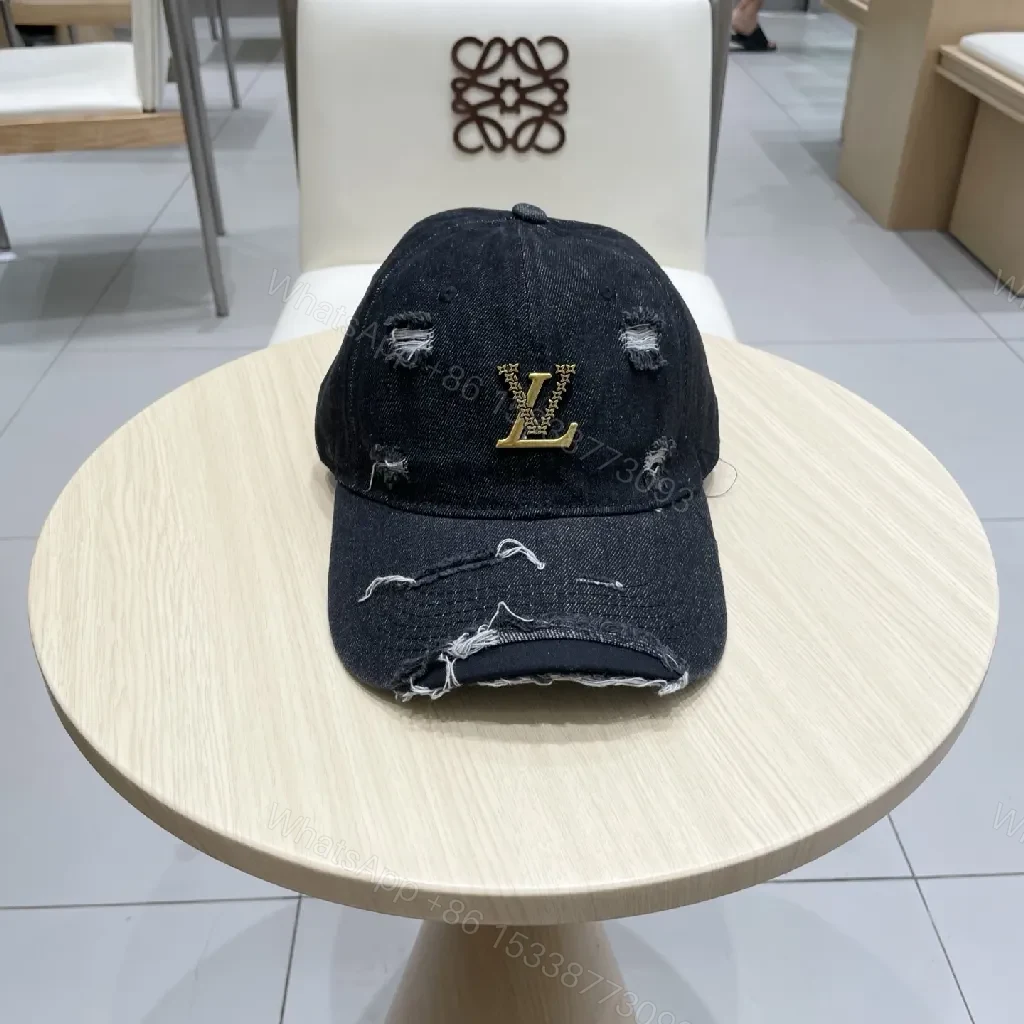 View 2 of Distressed Denim Cap / Gold Emblem / Casual Luxury / Subtle Statement / Cap