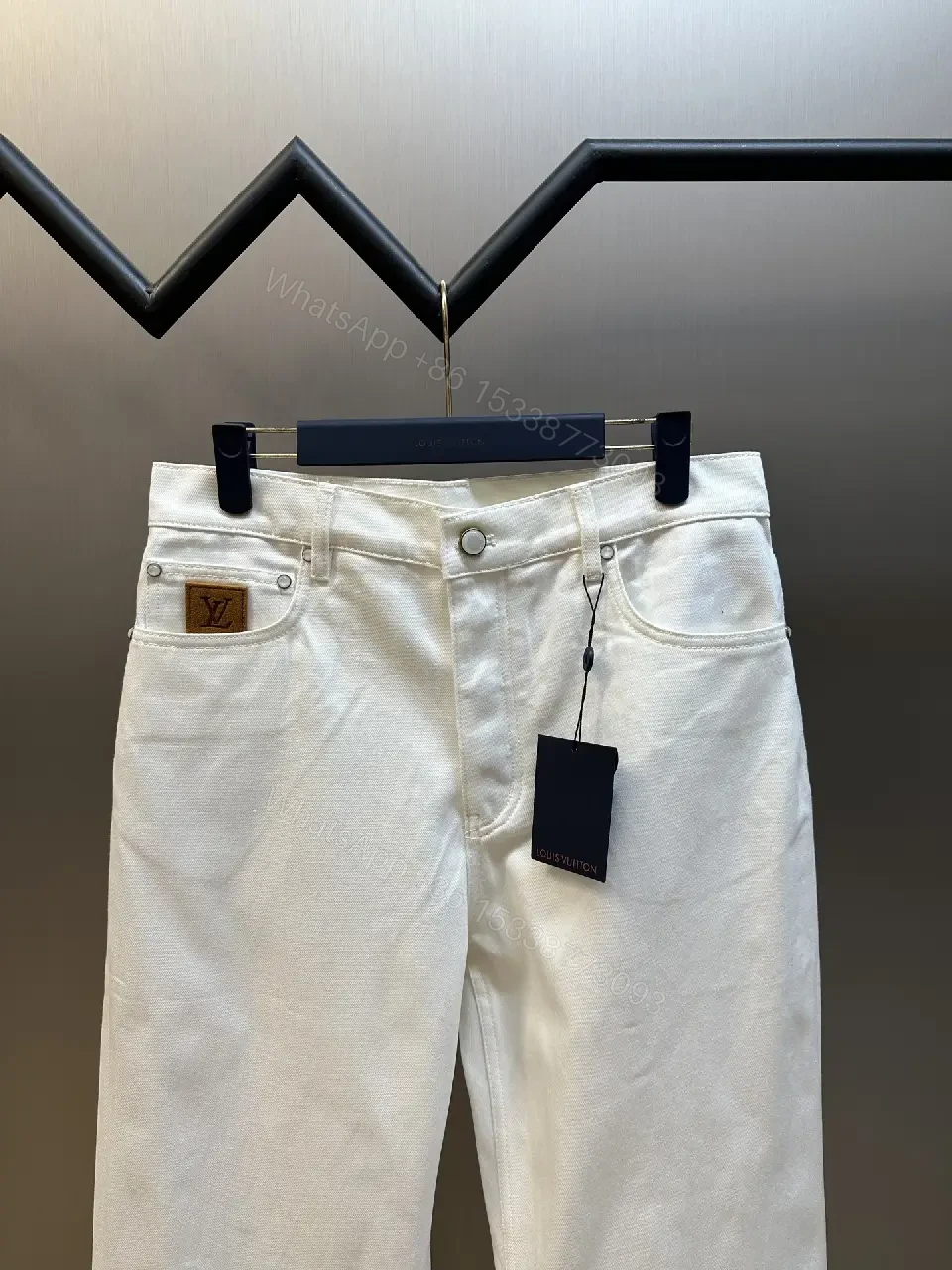 View 3 of Off-White/Cream Straight-Leg Trousers, Minimal Silk-Like, Zipper Fly