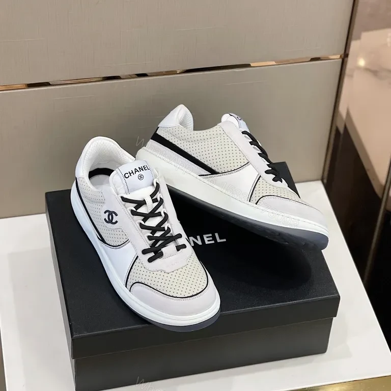 View 9 of Chanel-Inspired White/Black Perforated High-Top Sneaker, Luxury Comfort