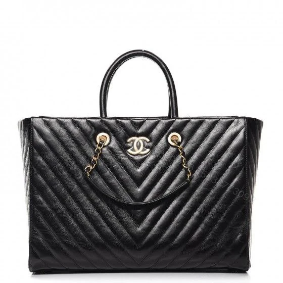 View 2 of Chanel Glazed Calfskin Chevron Quilted Shopper Tote Black