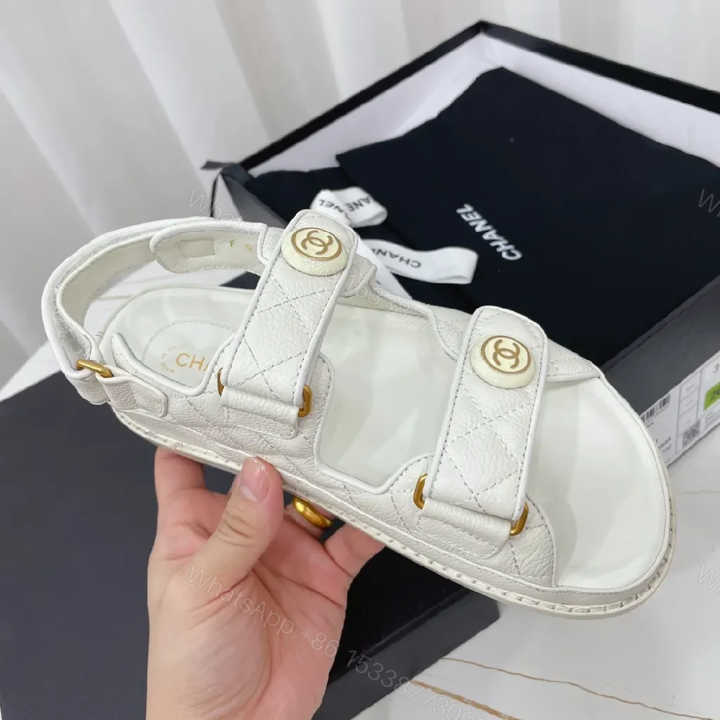 View 7 of White Quilted Sandals with Gold Logo – Luxe Comfort Footwear