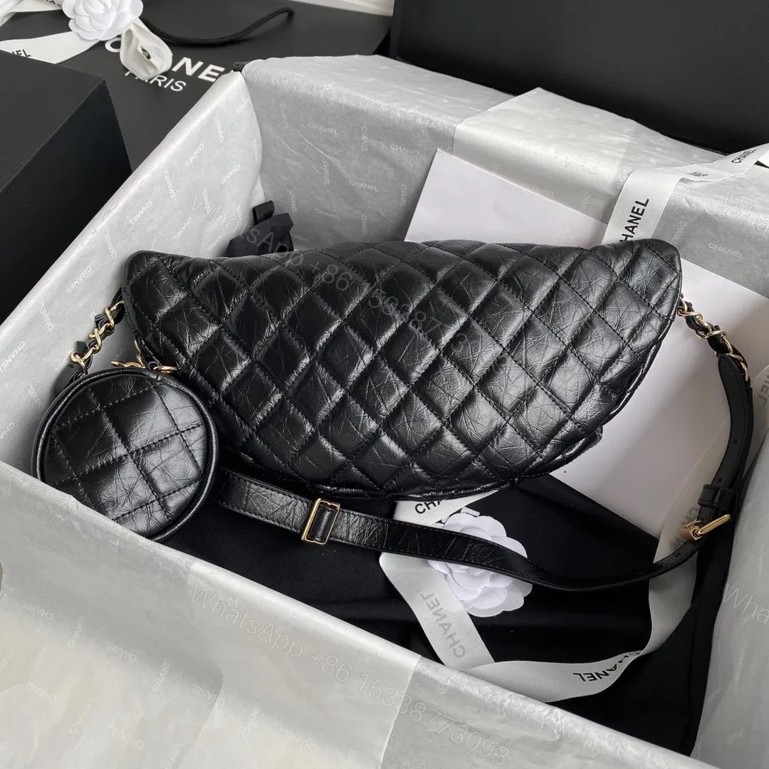 View 2 of Chanel Bumbag Black Wrinkled Leather Lock Gold Handbags 34x15x6cm