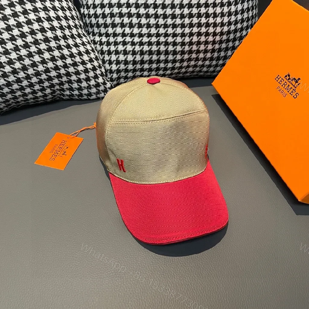 View 5 of Two-Tone Beige & Red Cap with Signature H Accent Cap