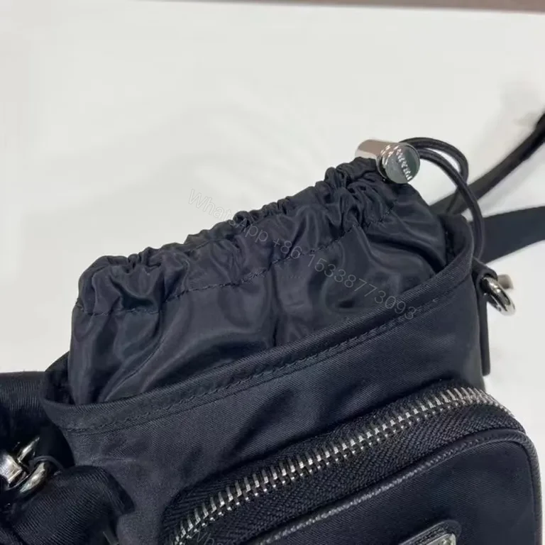 View 6 of Black Nylon Messenger Bag — Faux Prada Logo, Drawstring Closure, Adjustable Strap