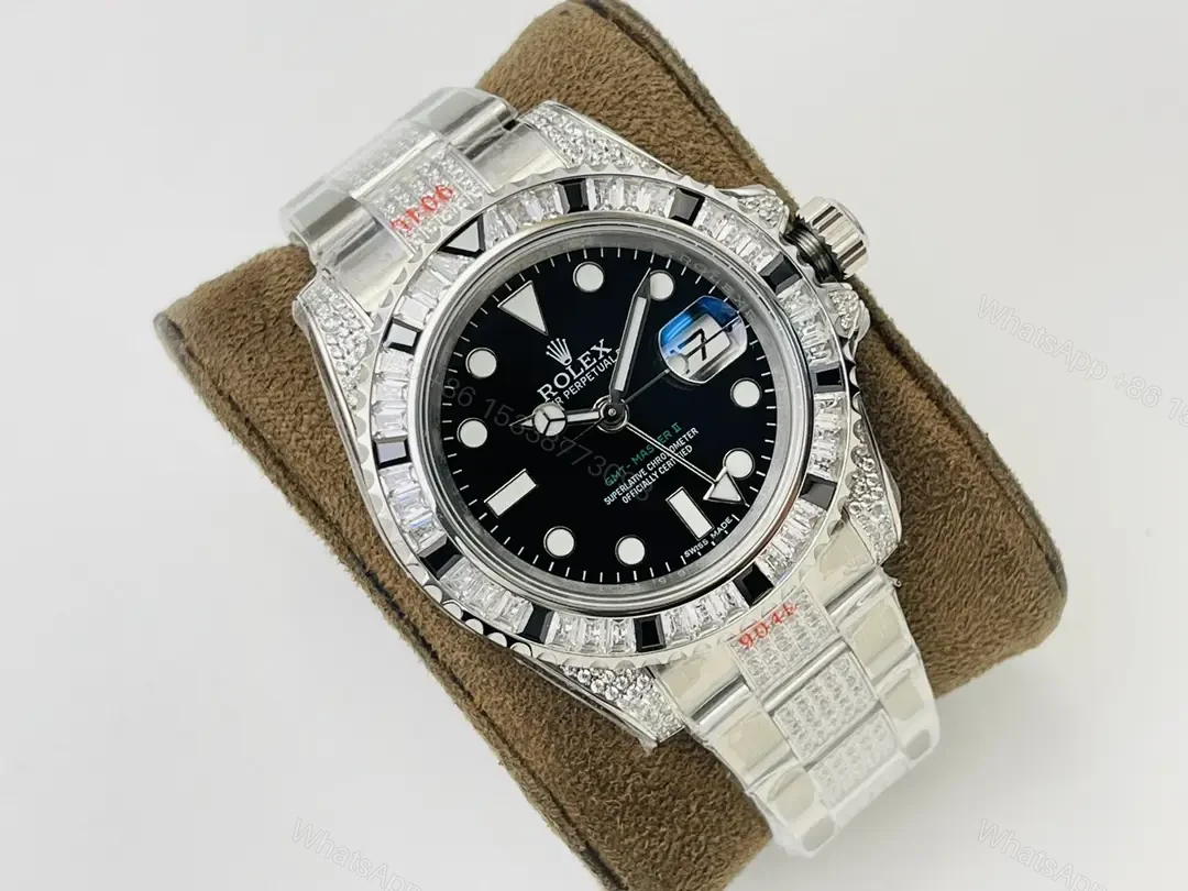 View 2 of Rolex GMT-Master II White Gold SANR Black Dial Paved Diamond Bezel Oyster Bracelet 40mm RLX-GMT-SANR-WG-BLK40-PAV