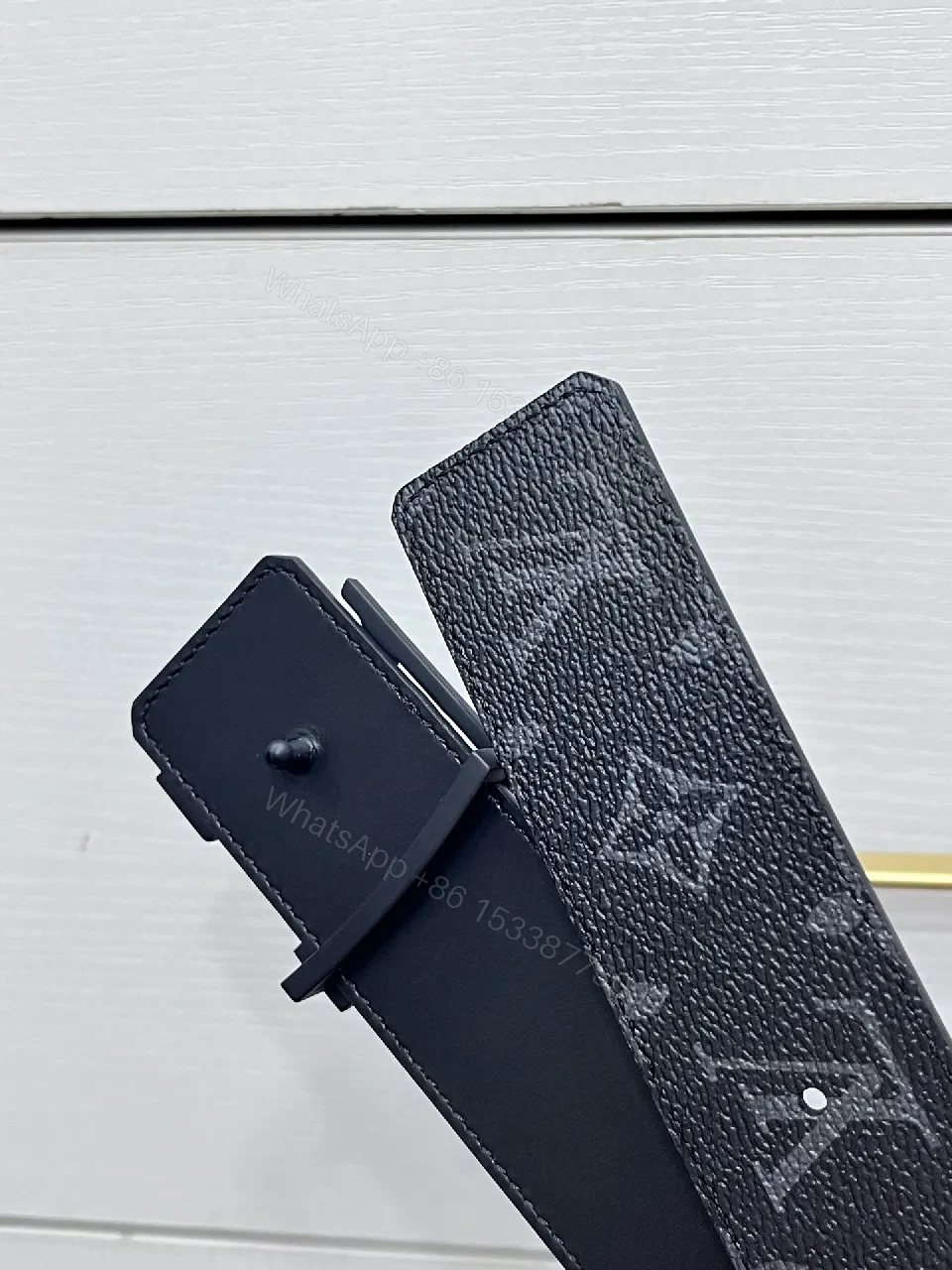 View 4 of Glam Black Leather Belt with Gold Buckle Signature LV-inspired