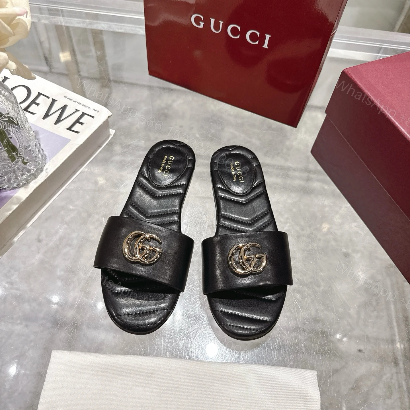 View 2 of GUCCI WOMEN SLIDE SANDAL WITH DOUBLE G BLACK ‎832449 BKO00 1000