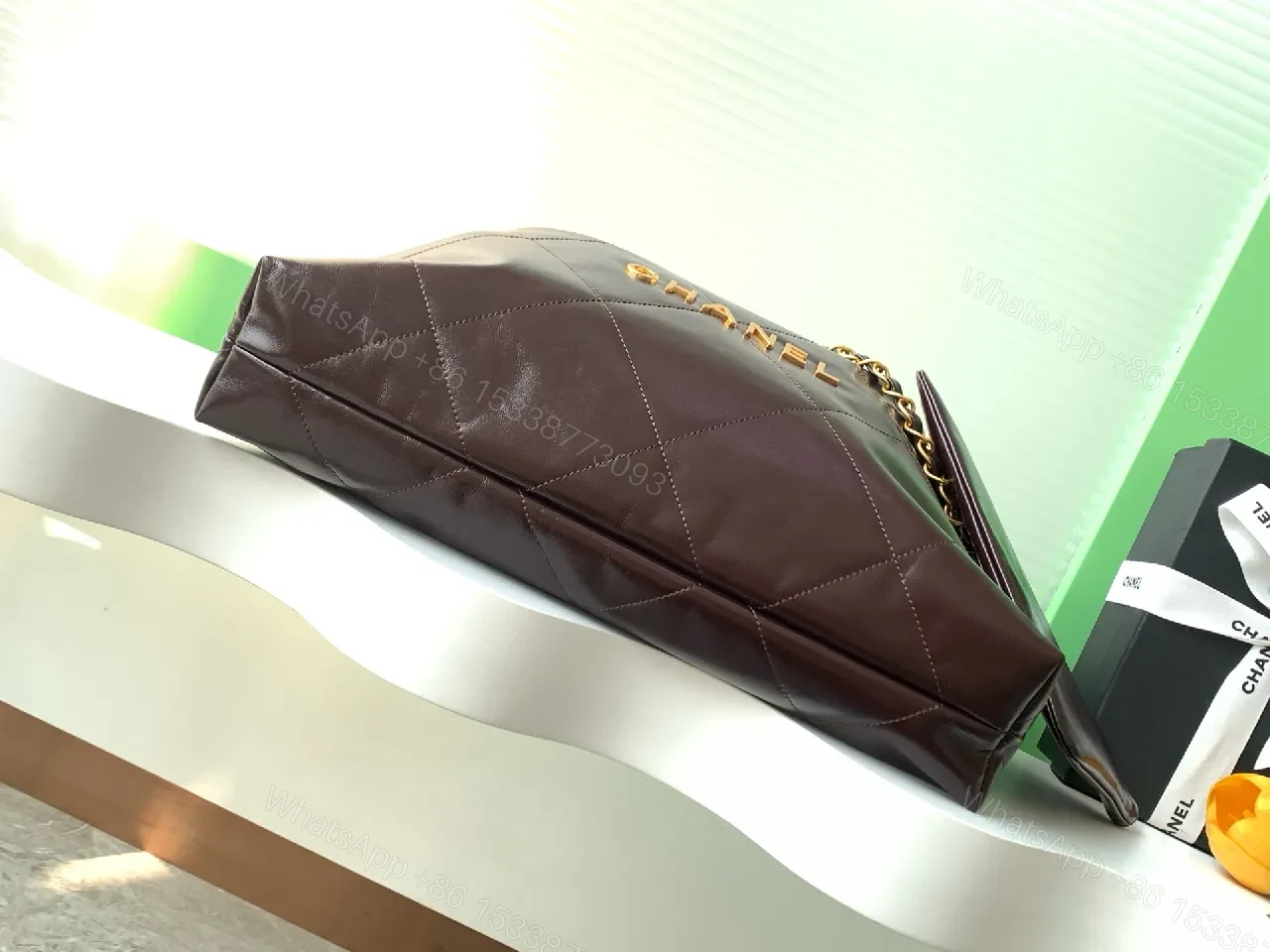 View 3 of Dark-Chocolate Quilted Tote with Gold Chain Bag