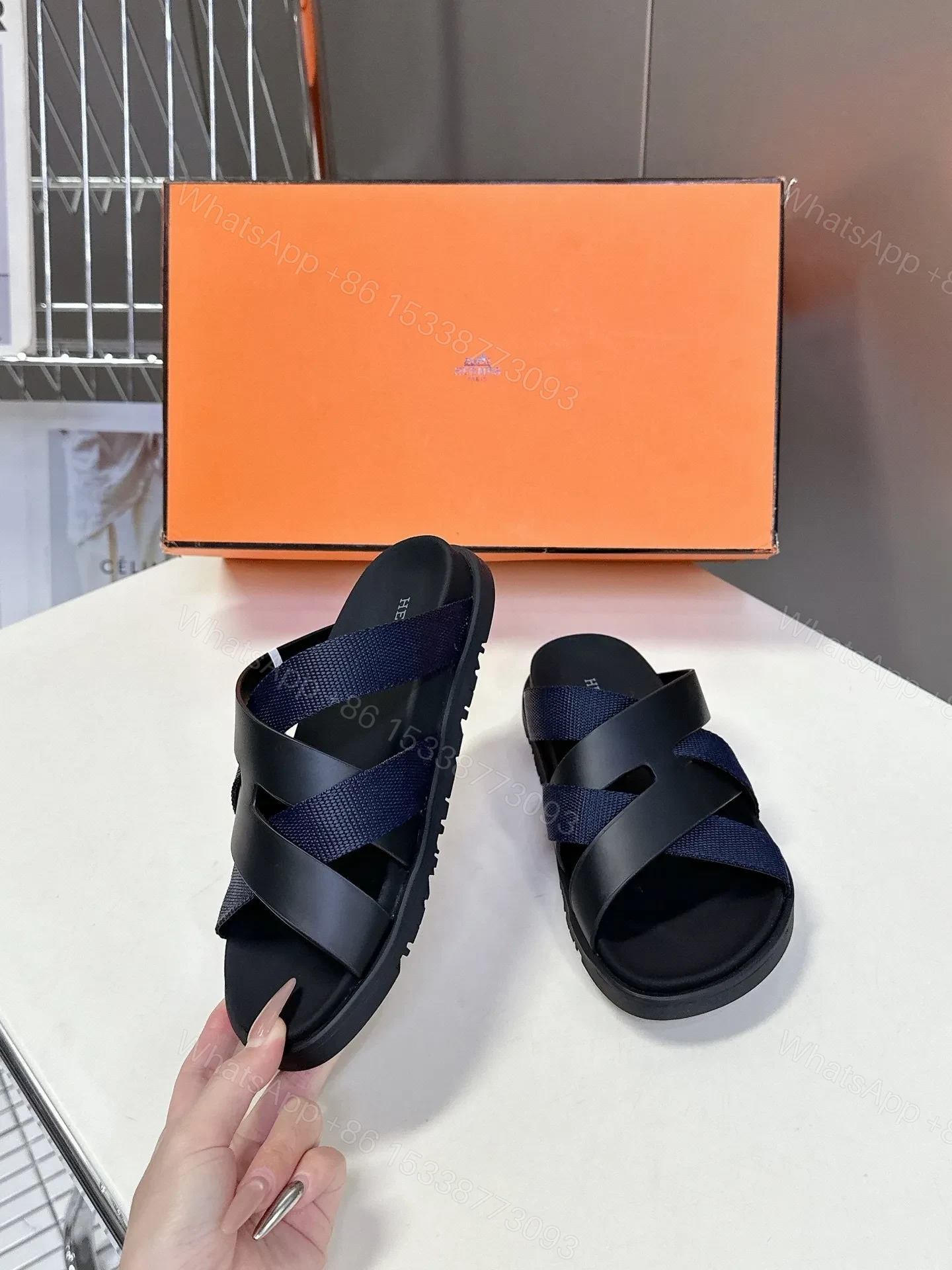 View 5 of Hermes Women Navy Blue Leather And Fabric Sandals