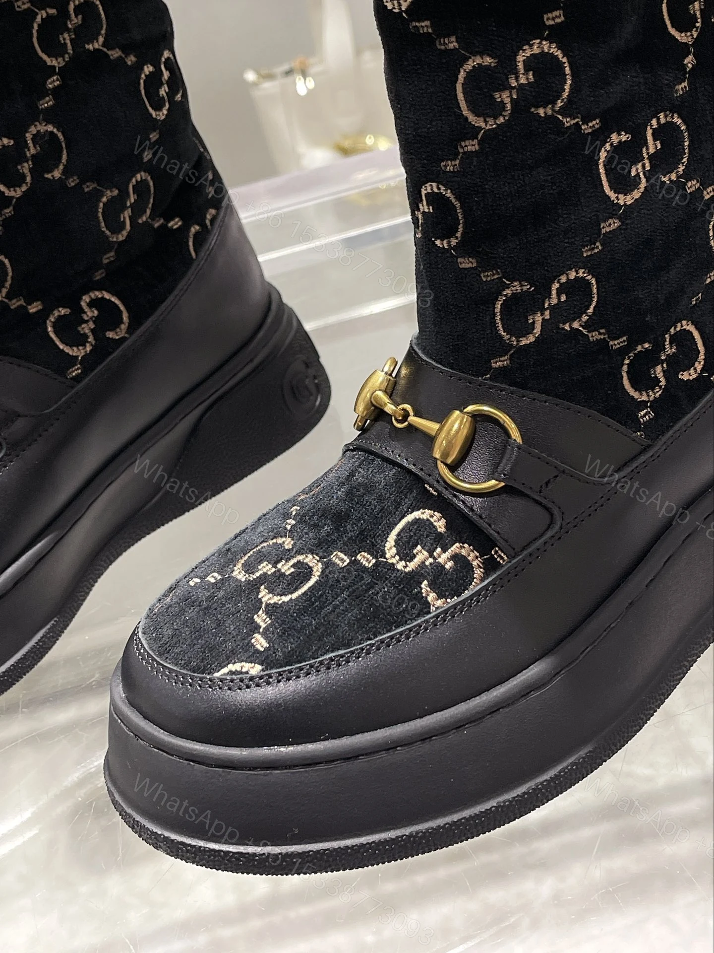 View 8 of GUCCI 1955 HORSEBIT SNOW BOOTS VELVET FABRIC BLACK
