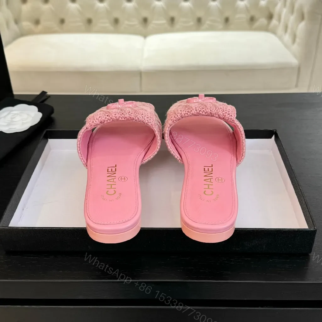 View 3 of Pink Knit-Trim Slides: Plush Couture-Inspired Comfort
