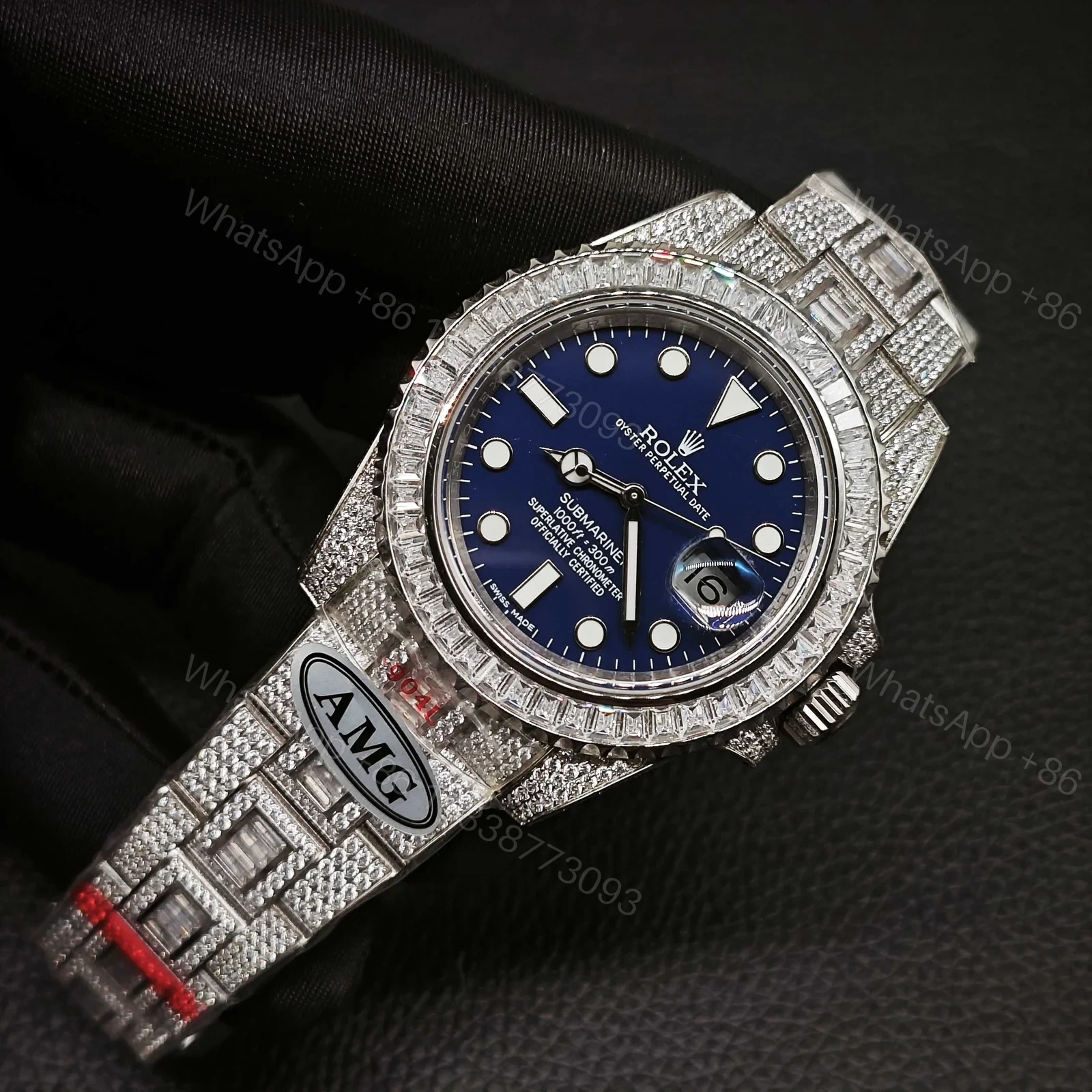 View 2 of Rolex Submariner Blue Dial Diamond Replica 40MM Exclusive Full Pavé Oyster Bracelet RG-ROLEX-SUB-BLUE-PAVE-40