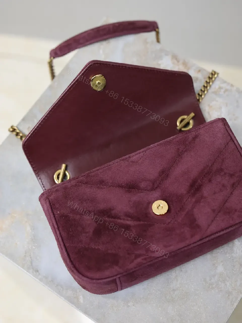 View 7 of Burgundy Suede Crossbody Bag with Gold Hardware
