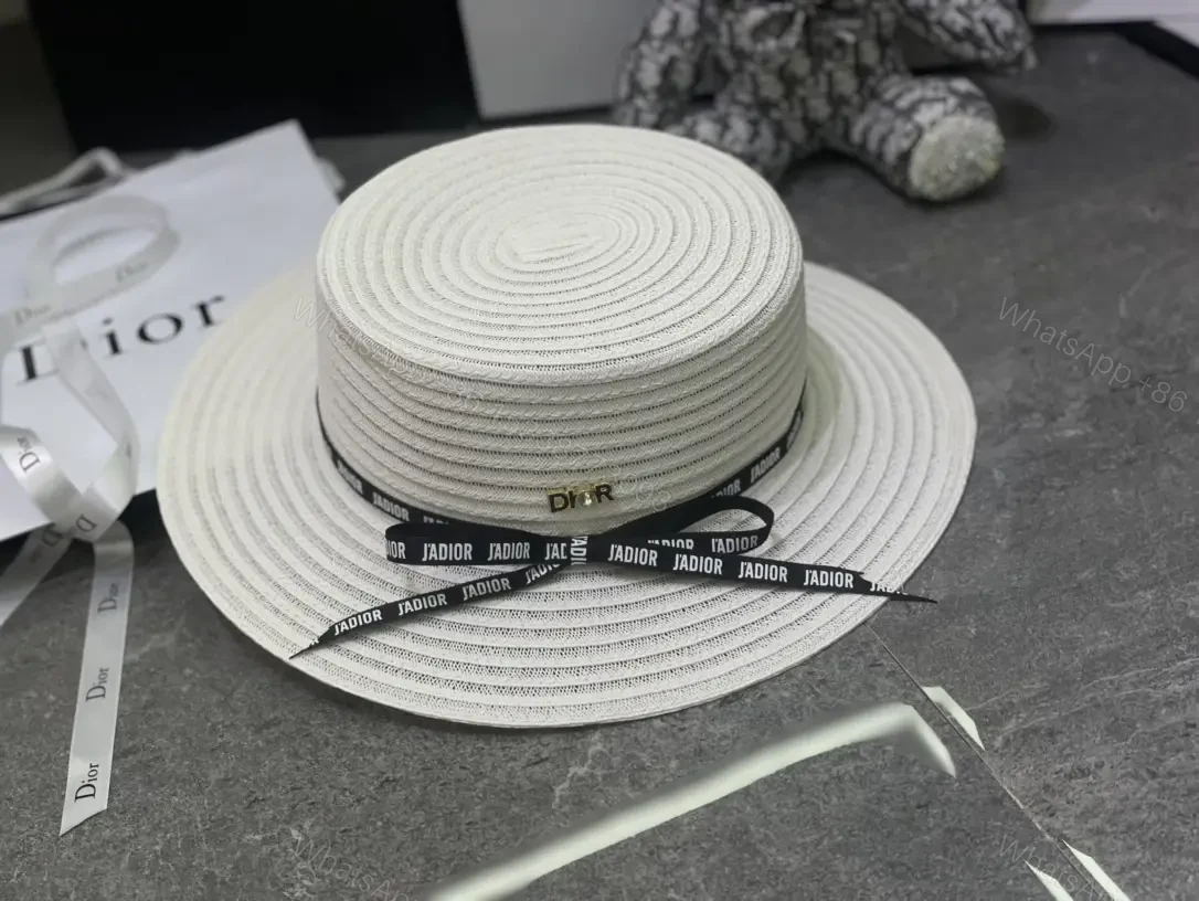 View 8 of Beige/Black Wide-Brim Straw Hat with L’ADIOR Ribbon, DIOR Emblem