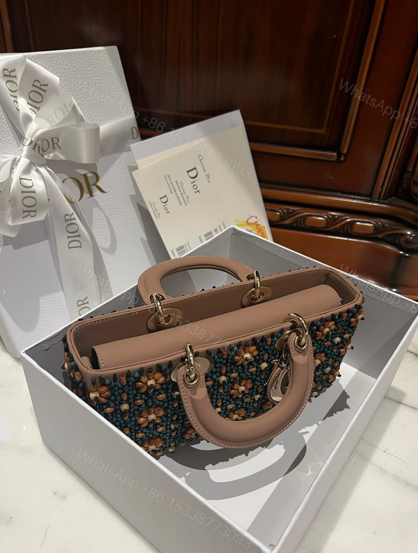 View 4 of Dior D-Joy Medium Handbag With Beaded Pattern Like Auth 26cm
