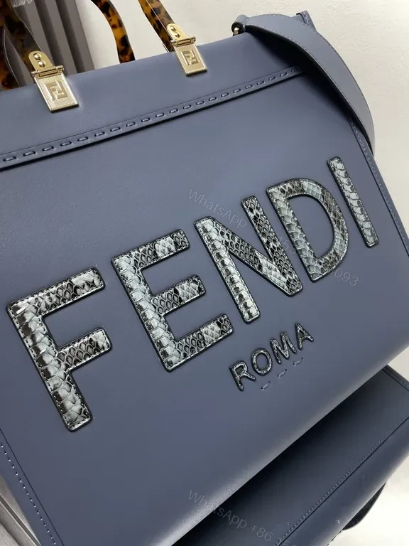 View 4 of Blue Fendi Structured Tote: Bold Logo, Tortoise Handles, Gold Hardware