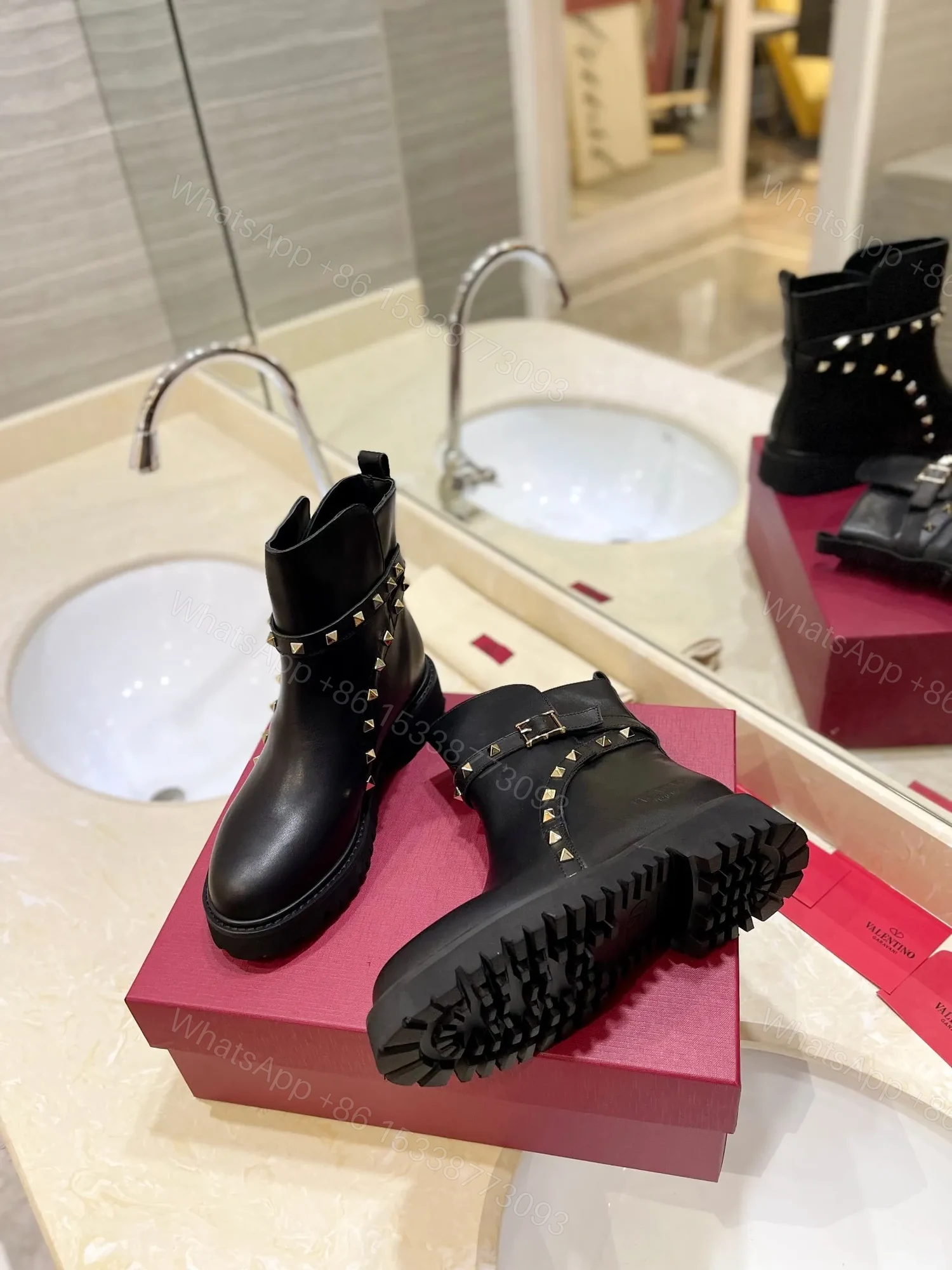 View 5 of Valentino Women Black Leather Studded Boots