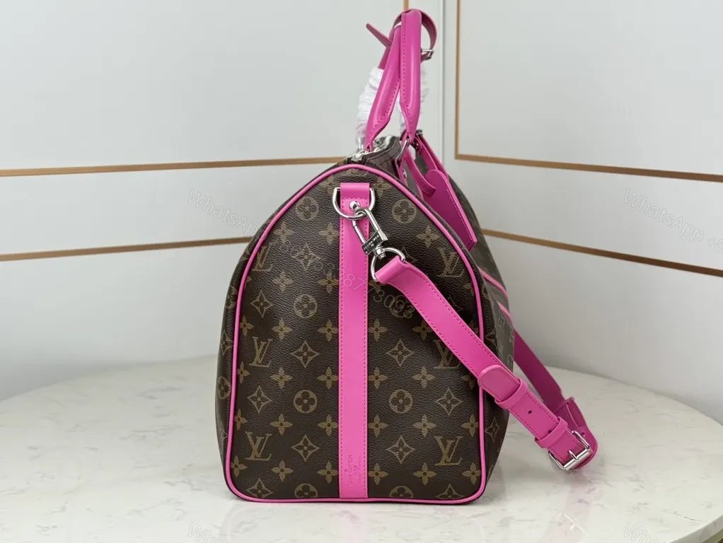 View 9 of Pink LV-Style Monogram Duffel: Luxe Crossbody-Ready Bag