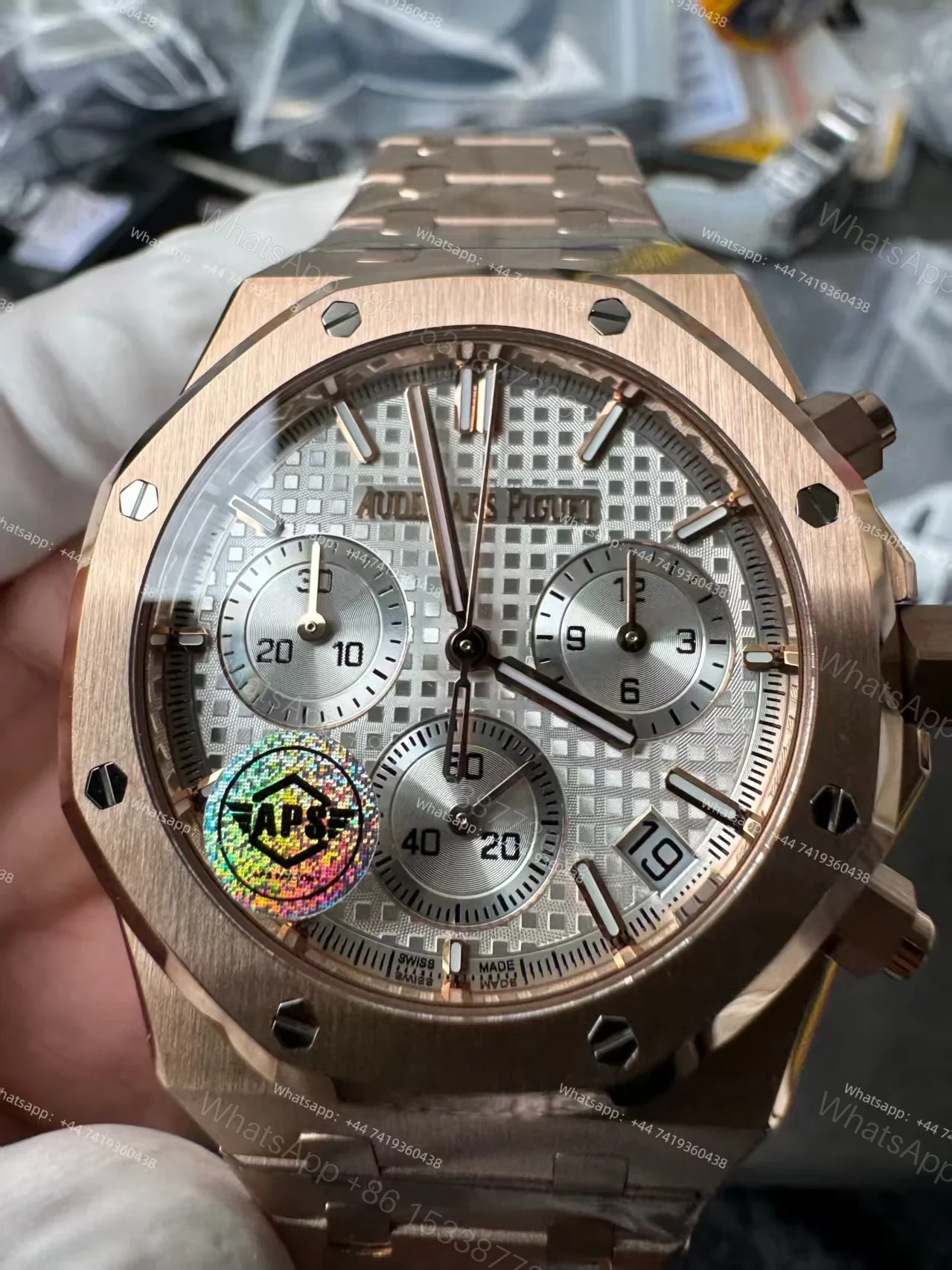 View 9 of Audemars Piguet Super Clone Royal Oak Rose Gold White Dial 26240 Chronograph 41mm Cal.4401