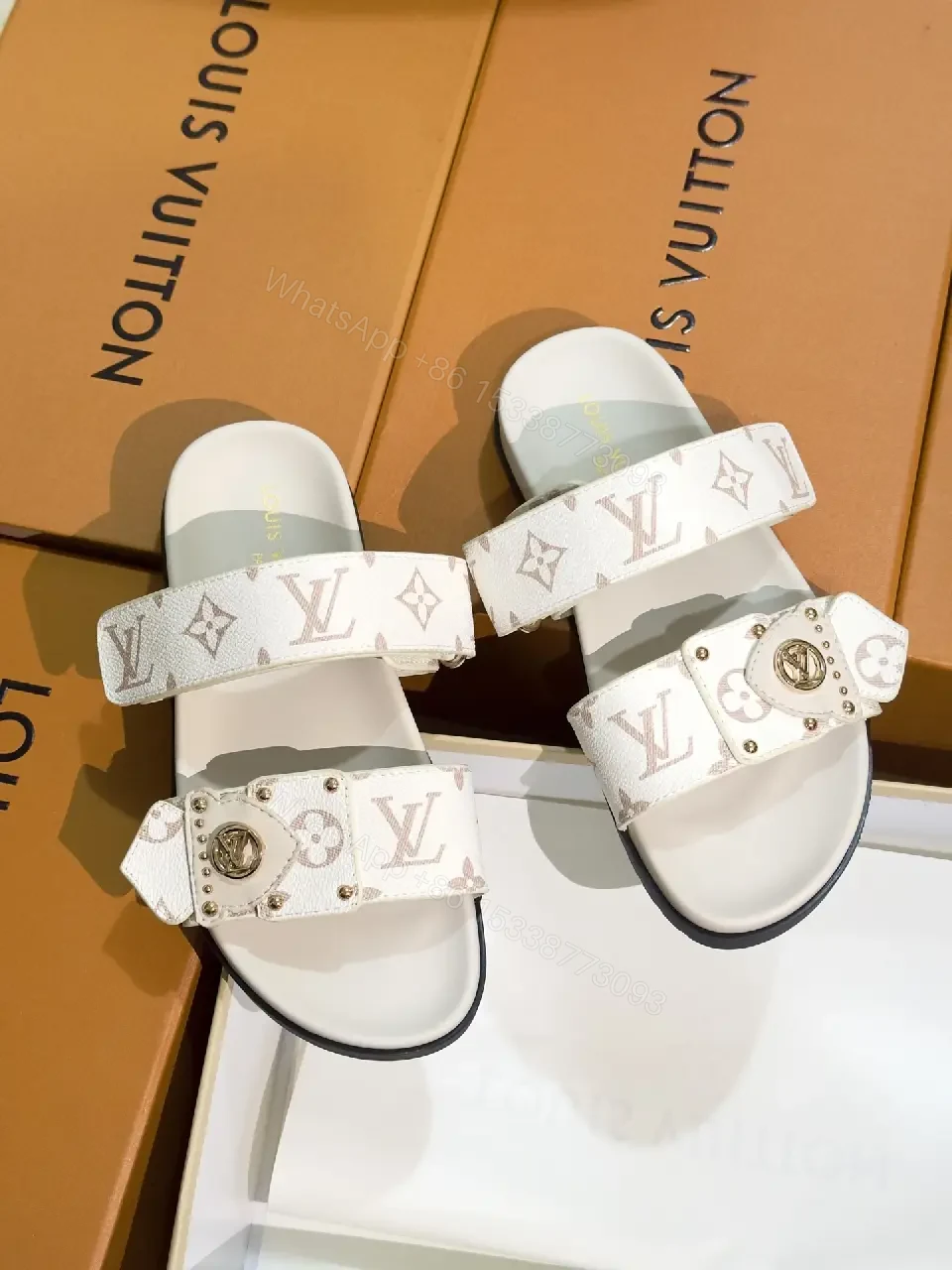 View 7 of White Canvas Luxury Monogram Sandals