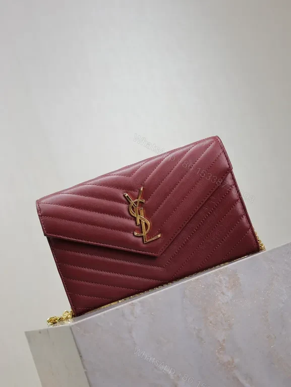 View 4 of Burgundy Quilted Envelope Crossbody Bag with Gold YSL Logo