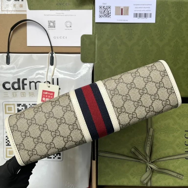 View 5 of Beige GG Ophidia Wallet: Signature Web Leather Clutch