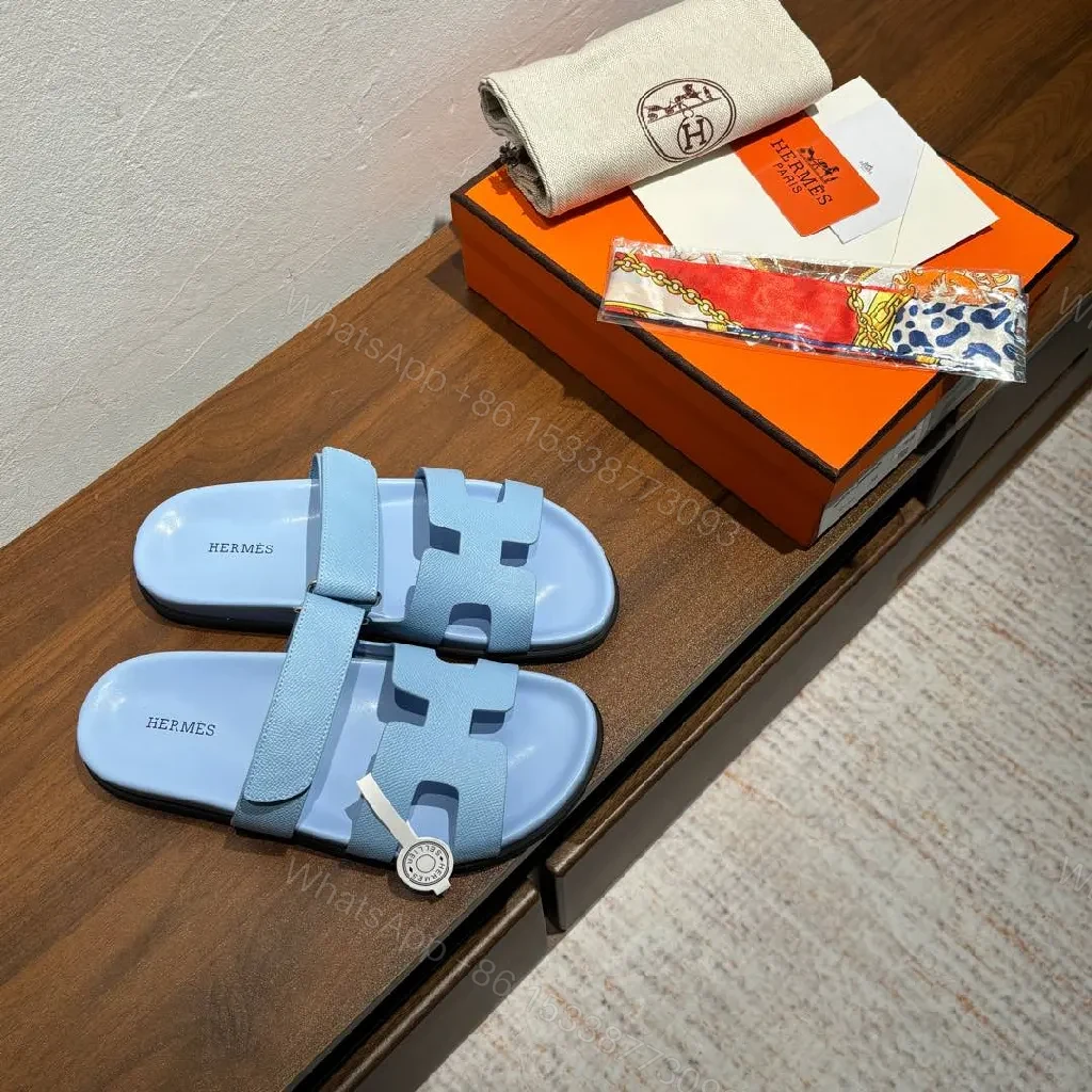 View 9 of Light-Tide Blue Leather Slide Sandals, Modern Cutout Comfort