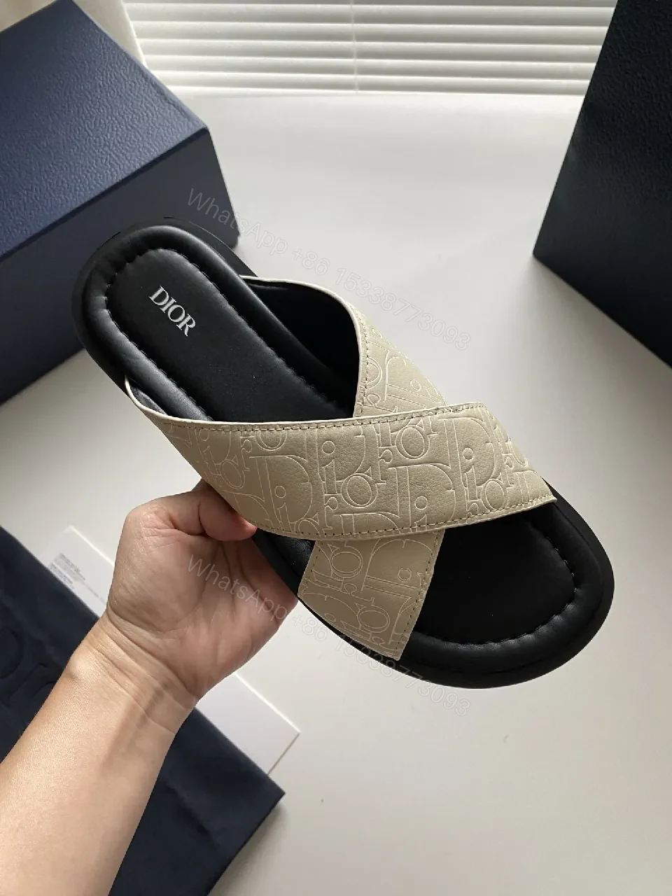 View 2 of Beige + Leather + Minimalist + Cushioned Comfort + Slides