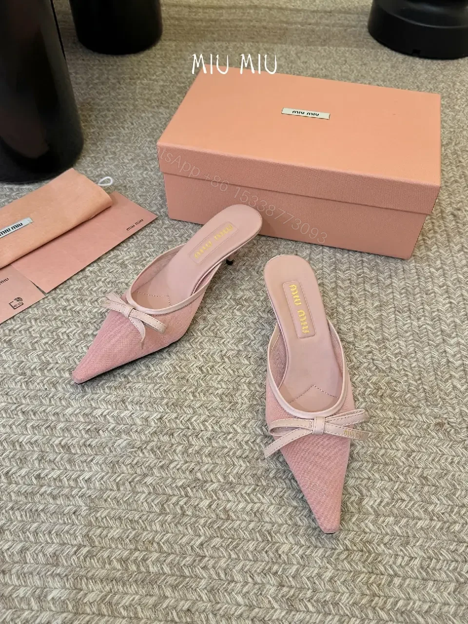 View 2 of Blush Pink Pointed-Toe Mules, Luxe Textured Knit Heel